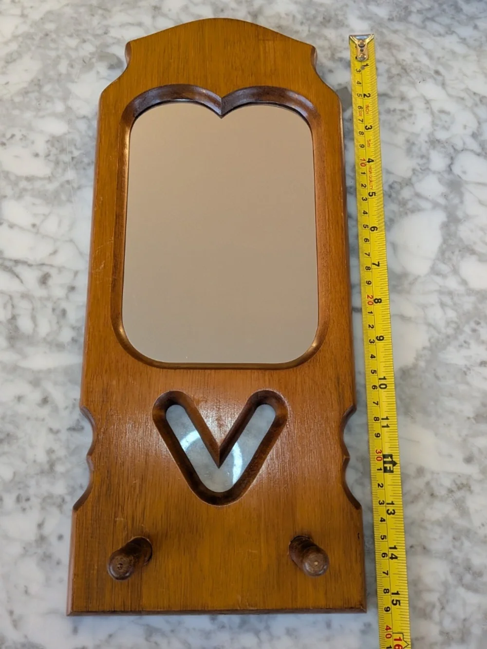 Vintage cut out Wood framed mirror Shaker peg hooks wall hanging